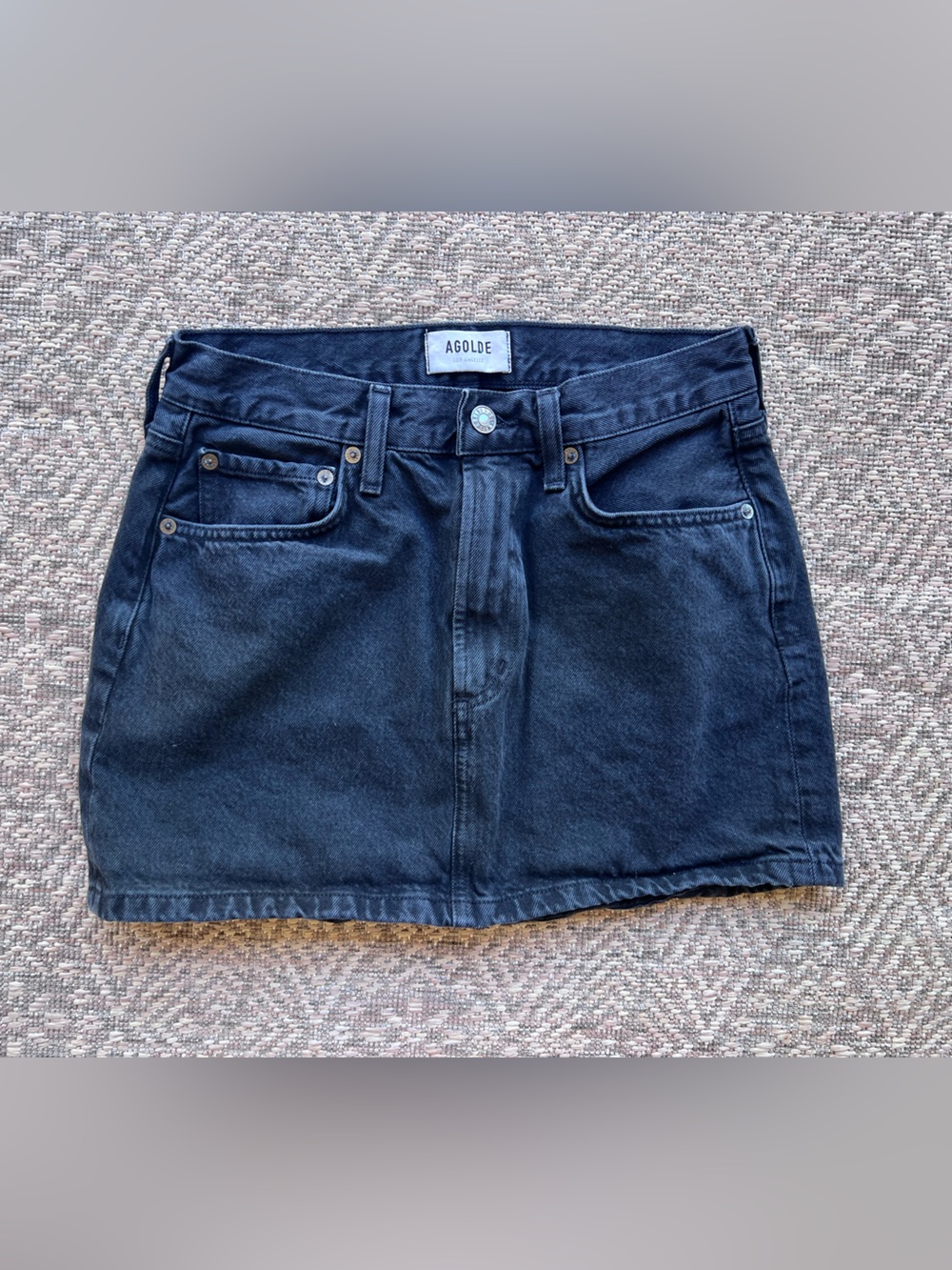 AGOLDE Black Denim Mini Skirt Women's Size 25 Raw Hem High Rise